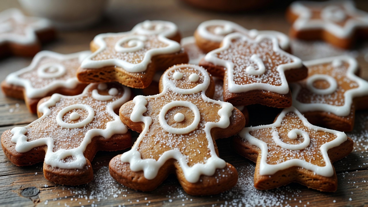 Shallow-focus close-up of iced gingerbread biscuits dusted with sugar