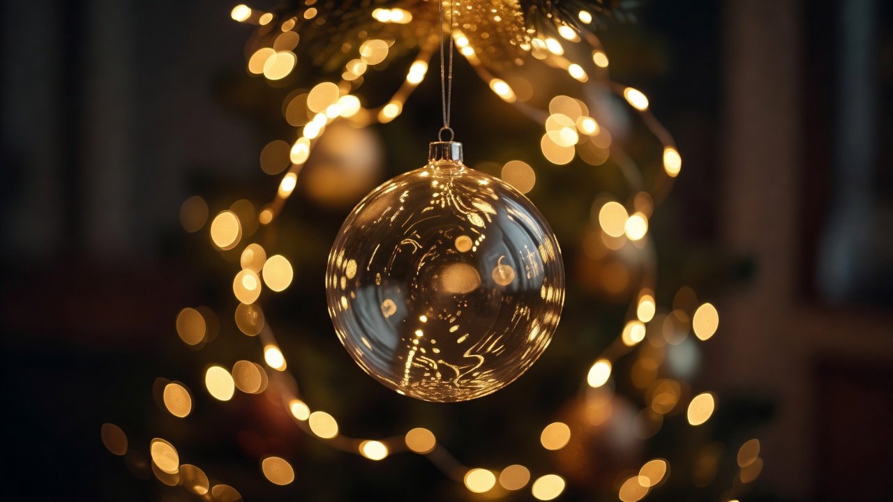 Close-up of a glass Christmas bauble with soft golden lights blurred behind it