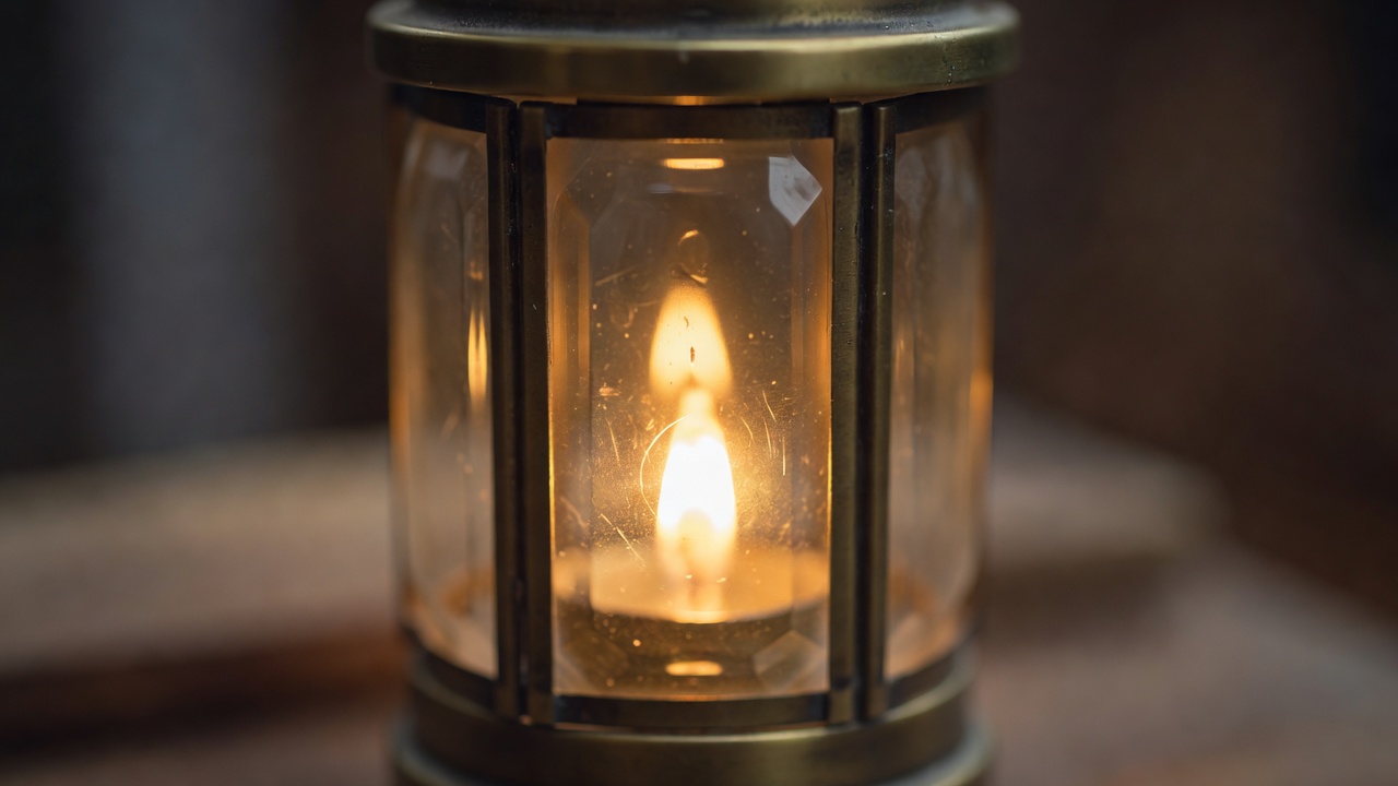 Shallow-focus close-up of warm light glowing through the glass panes of a lantern