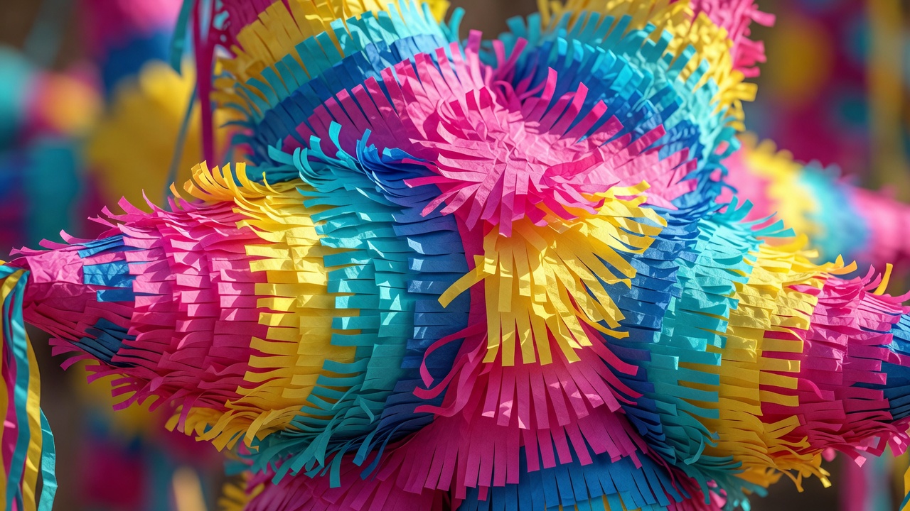 Close-up of bright fringed tissue paper on the cone of a seven-pointed piñata