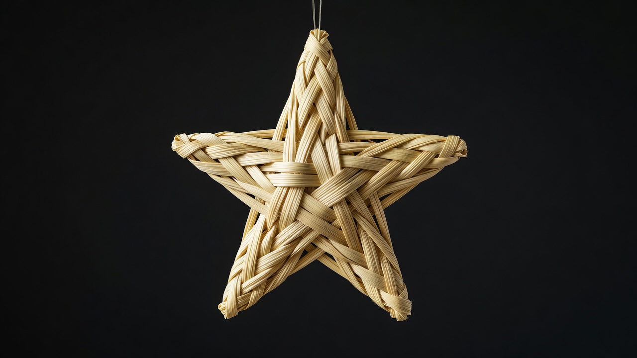 Close-up of a woven straw star ornament hanging against a dark background